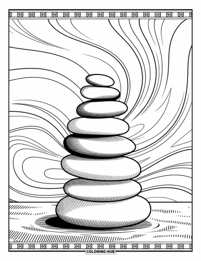 Coloriage de rochers pour adultes : Une pile de dix pierres lisses avec des lignes abstraites tourbillonnantes et une bordure décorative