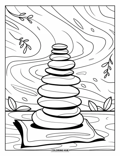 Coloriage de rochers pour adultes : Des pierres empilées sur un tissu avec des tourbillons abstraits et des accents de feuilles