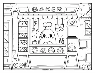 Coloriage de rochers pour adultes : Une boulangerie en pierre avec un boulanger-rocher souriant, des biscuits et des enseignes inspirantes