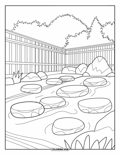 Coloriage de rochers pour adultes : Un jardin zen stylisé avec des pierres disposées et une clôture en bois