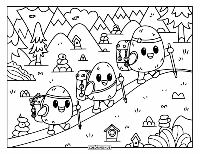 Coloriage de rochers pour adultes : Trois joyeux amis-rochers en randonnée en montagne avec des bâtons de marche et des sacs à dos