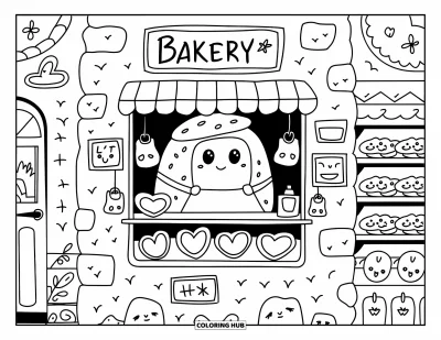 Coloriage de rochers pour adultes : Une boulangerie en pierre fantaisiste avec un boulanger-rocher qui sert des biscuits en forme de cœur et d'étoile