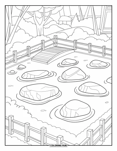 Coloriage de rochers pour adultes : Un jardin zen avec des lignes de sable ratissé, des pierres et un pont en bois