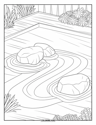 Coloriage de rochers pour adultes : Un jardin zen avec des motifs dans le sable, des roches et une terrasse en bois