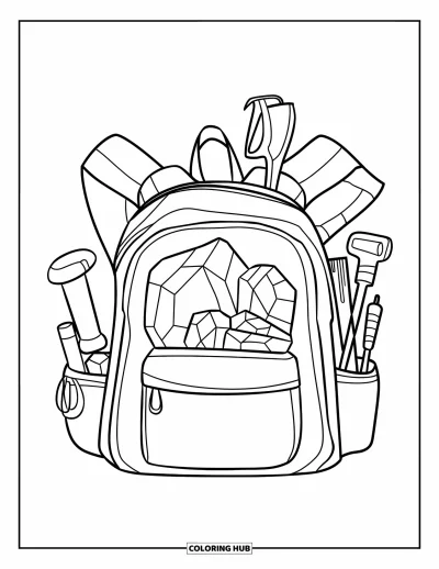 Coloriage de rochers pour enfants : Un sac à dos rempli d'échantillons de roches et d'outils de géologie posé sur le sol