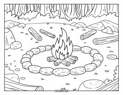 Coloriage de rochers pour enfants : Un feu de camp qui brille dans une clairière avec des bûches, des rochers et des bâtons à proximité