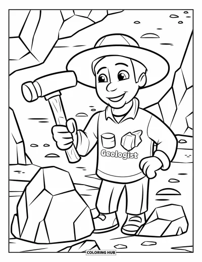 Coloriage de rochers pour enfants : Un géologue de dessin animé avec un marteau à roche debout près de grands rochers dans un terrain accidenté