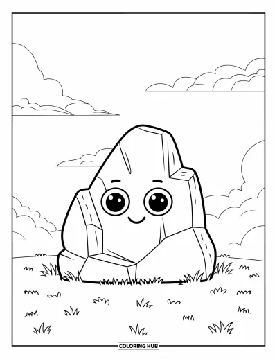 Coloriage de rochers pour enfants : Un rocher de dessin animé aux yeux doux et au sourire bienveillant assis tranquillement