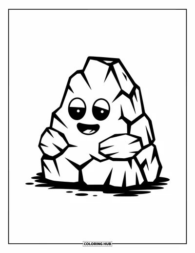 Coloriage de rochers pour enfants : Un rocher trapu avec un visage souriant et de petits bras assis de façon détendue