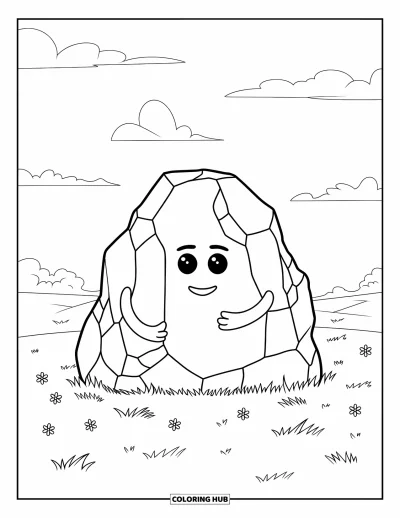 Coloriage de rochers pour enfants : Un rocher trapu avec un visage heureux assis dans un champ verdoyant
