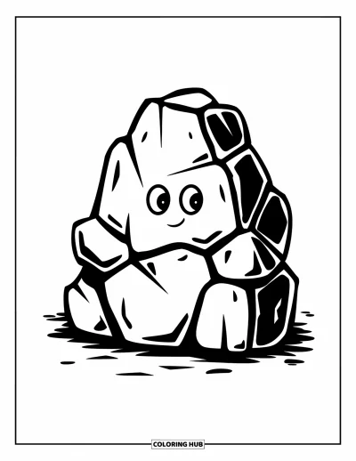 Coloriage de rochers pour enfants : Un rocher trapu avec de petits bras assis par terre en souriant