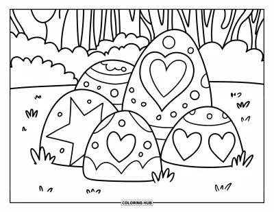 Coloriage de rochers pour enfants : Des rochers décorés avec des motifs de cœurs, d'étoiles et de points éparpillés sur un sol herbeux
