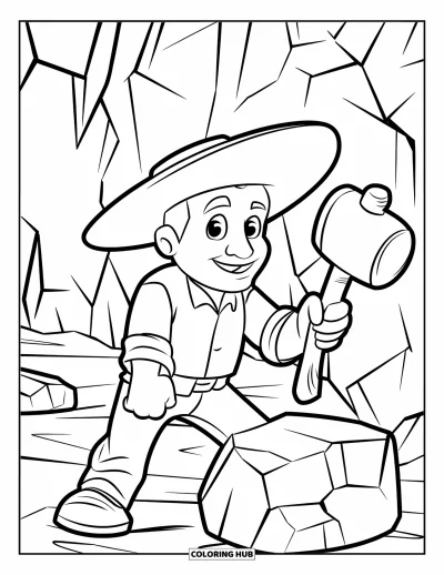 Coloriage de rochers pour enfants : Un géologue sympathique avec un chapeau à large bord et de grands rochers en arrière-plan