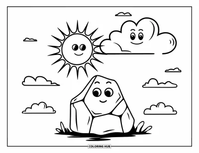 Coloriage de rochers pour enfants : Un rocher sympathique avec un visage souriant sous un ciel ensoleillé avec des nuages