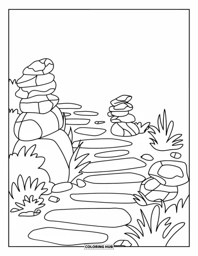 Coloriage de rochers pour enfants : Un chemin de jardin avec des plantes et des empilements de pierres entourés de petits cailloux éparpillés