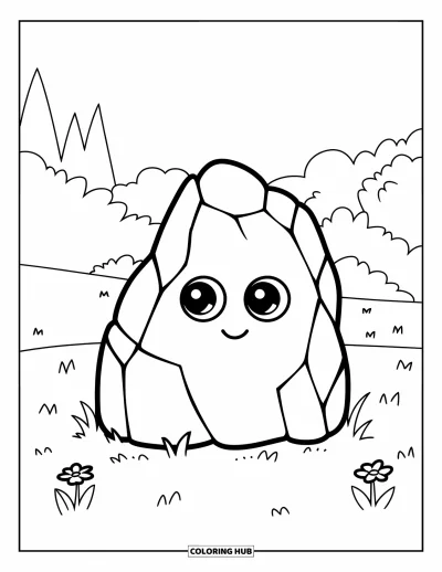 Coloriage de rochers pour enfants : Un rocher doux aux yeux ronds debout près de fleurs et d'arbres