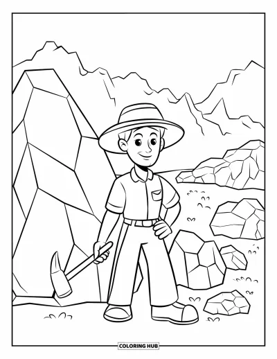 Coloriage de rochers pour enfants : Un géologue tenant un marteau à roche à côté de grands rochers dans un paysage de montagne