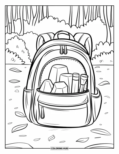 Coloriage de rochers pour enfants : Un sac à dos de géologie avec des échantillons et des outils dans une clairière forestière feuillue