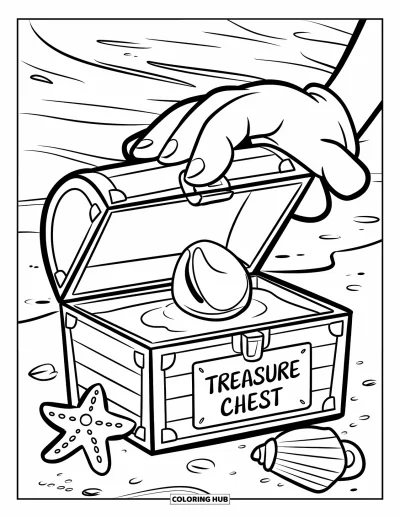 Coloriage de rochers pour enfants : Une main gantée dépose un rocher brillant dans une boîte "Treasure Chest" sur une plage de sable
