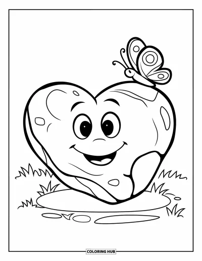 Coloriage de rochers pour enfants : Un rocher en forme de cœur qui sourit tandis qu'un papillon plane au-dessus