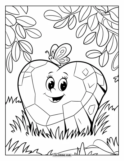 Coloriage de rochers pour enfants : Un rocher en forme de cœur avec un papillon perché dessus, entouré de plantes