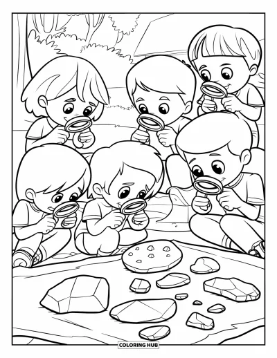 Coloriage de rochers pour enfants : Des enfants qui examinent des roches variées avec des loupes en plein air