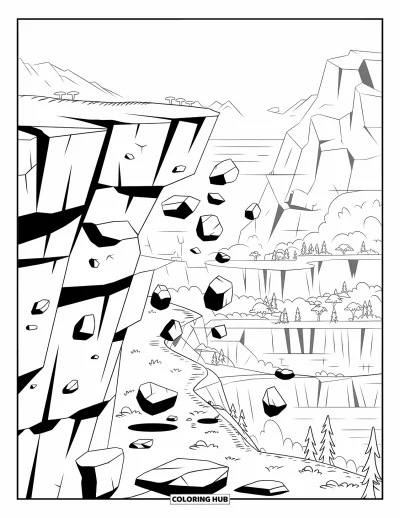 Coloriage de rochers pour enfants : Une grande falaise aux roches stratifiées qui tombent vers un vaste paysage en contrebas