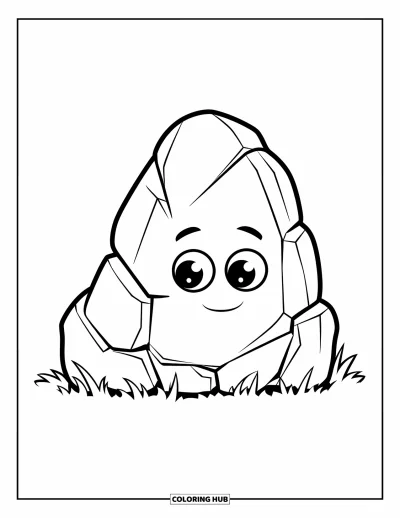 Coloriage de rochers pour enfants : Un grand rocher aux yeux ronds et au sourire doux posé sur l'herbe