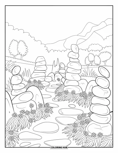 Coloriage de rochers pour enfants : Un sentier qui serpente entre des pierres empilées et des plantes dans un cadre montagneux paisible
