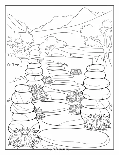 Coloriage de rochers pour enfants : Un chemin de jardin zen bordé de plantes et de pierres empilées dans la nature