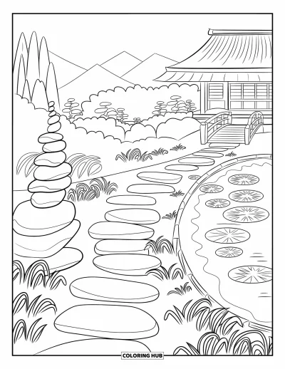 Coloriage de rochers pour enfants : Un chemin de jardin de rocaille menant à un bâtiment japonais avec un pont et un étang