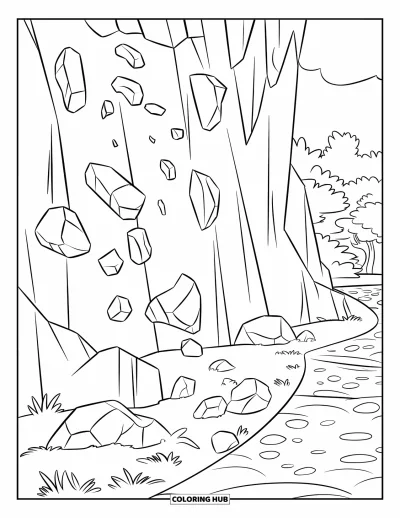 Coloriage de rochers pour enfants : Des rochers qui s'écrasent au bas d'une falaise près d'arbres et d'un chemin sinueux