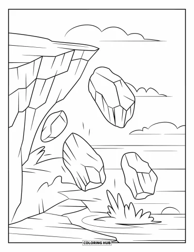 Coloriage de rochers pour enfants : Des rochers qui dégringolent d'une falaise fissurée sous un ciel nuageux