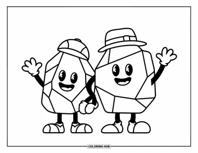 Coloriage de rochers pour enfants : Des rochers souriants portant des chapeaux qui se font signe de la main côte à côte