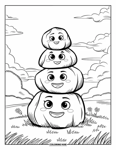 Coloriage de rochers pour enfants : Des rochers empilés avec des visages joyeux et de petites fleurs à proximité