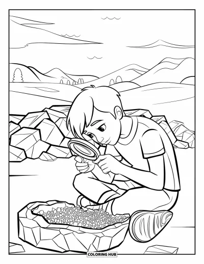 Coloriage de rochers pour enfants : Un ado observe des minéraux scintillants dans une géode sur un sentier de montagne
