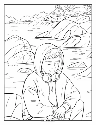 Coloriage de rochers pour enfants : Un ado se détend sur un rivage rocheux, les yeux fermés, en écoutant de la musique