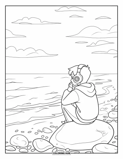 Coloriage de rochers pour enfants : Un ado assis sur un grand rocher au bord de l'océan, casque sur les oreilles, vagues à proximité