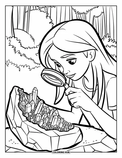 Coloriage de rochers pour enfants : Un ado étudie une géode fendue avec des cristaux dans une clairière forestière