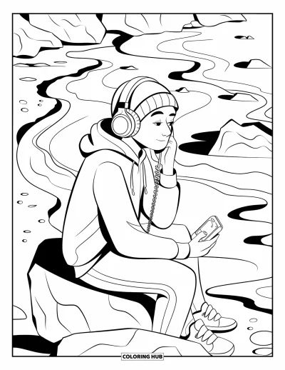 Coloriage de rochers pour enfants : Un ado en sweat à capuche et bonnet qui écoute de la musique sur une plage rocheuse