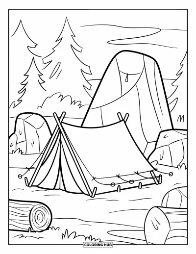 Coloriage de rochers pour enfants : Une tente sur un sol sablonneux près de grands rochers avec des arbres à proximité