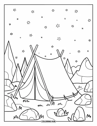 Coloriage de rochers pour enfants : Une tente avec un trépied entourée de rochers sous un ciel étoilé