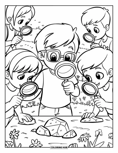 Coloriage de rochers pour enfants : Trois enfants avec des loupes qui inspectent des roches dans un champ fleuri