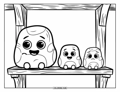 Coloriage de rochers pour enfants : Trois rochers-animaux de compagnie avec différentes expressions sur une étagère en bois texturée