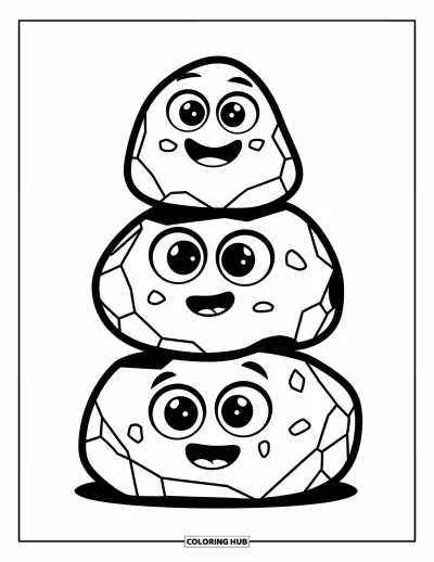 Coloriage de rochers pour enfants : Trois rochers souriants empilés en une tour espiègle