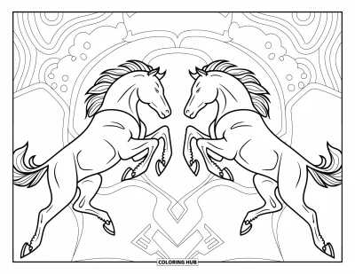 Coloriage de rodéo pour adultes : Broncos en plein bond en miroir à côté d'un insigne western avec des motifs détaillés
