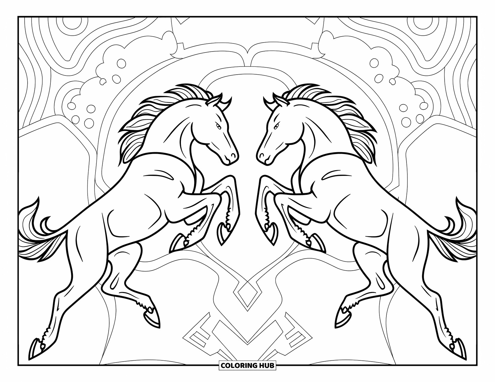 Rodeo Coloring Page for Adults: Broncos mid-leap mirrored beside a western badge with detailed patterns