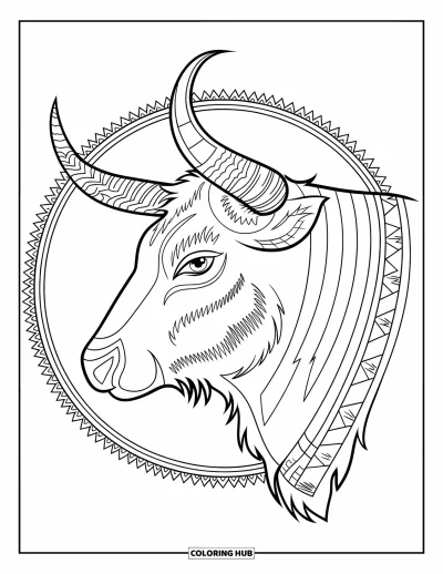 Coloriage de rodéo pour adultes : Tête de taureau de profil avec cornes incurvées et motifs tribaux western