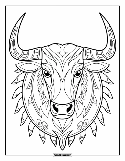 Coloriage de rodéo pour adultes : Tête de taureau aux contours marqués et accents tribaux western