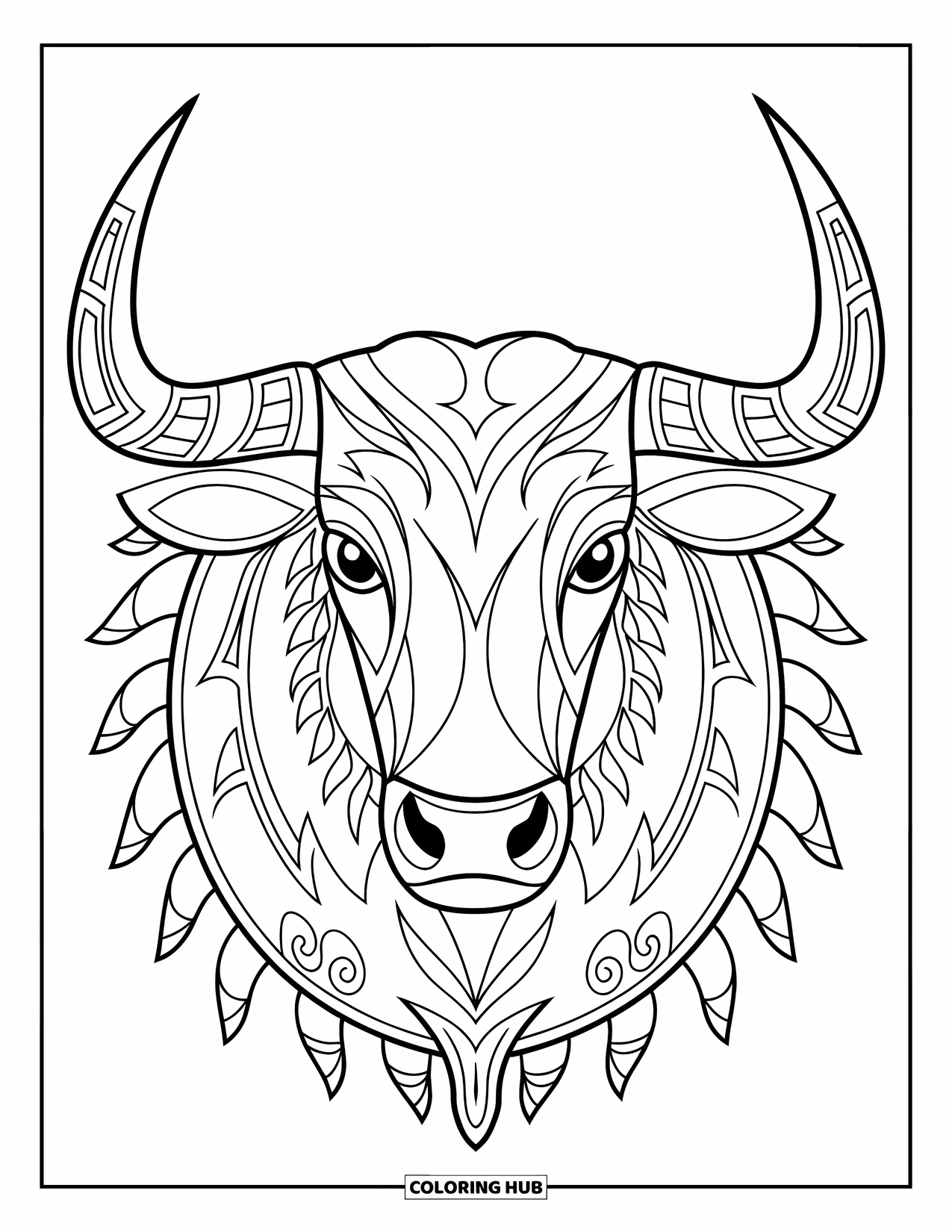 Rodeo Coloring Page for Adults: Bull's head with bold outlines and western tribal accents